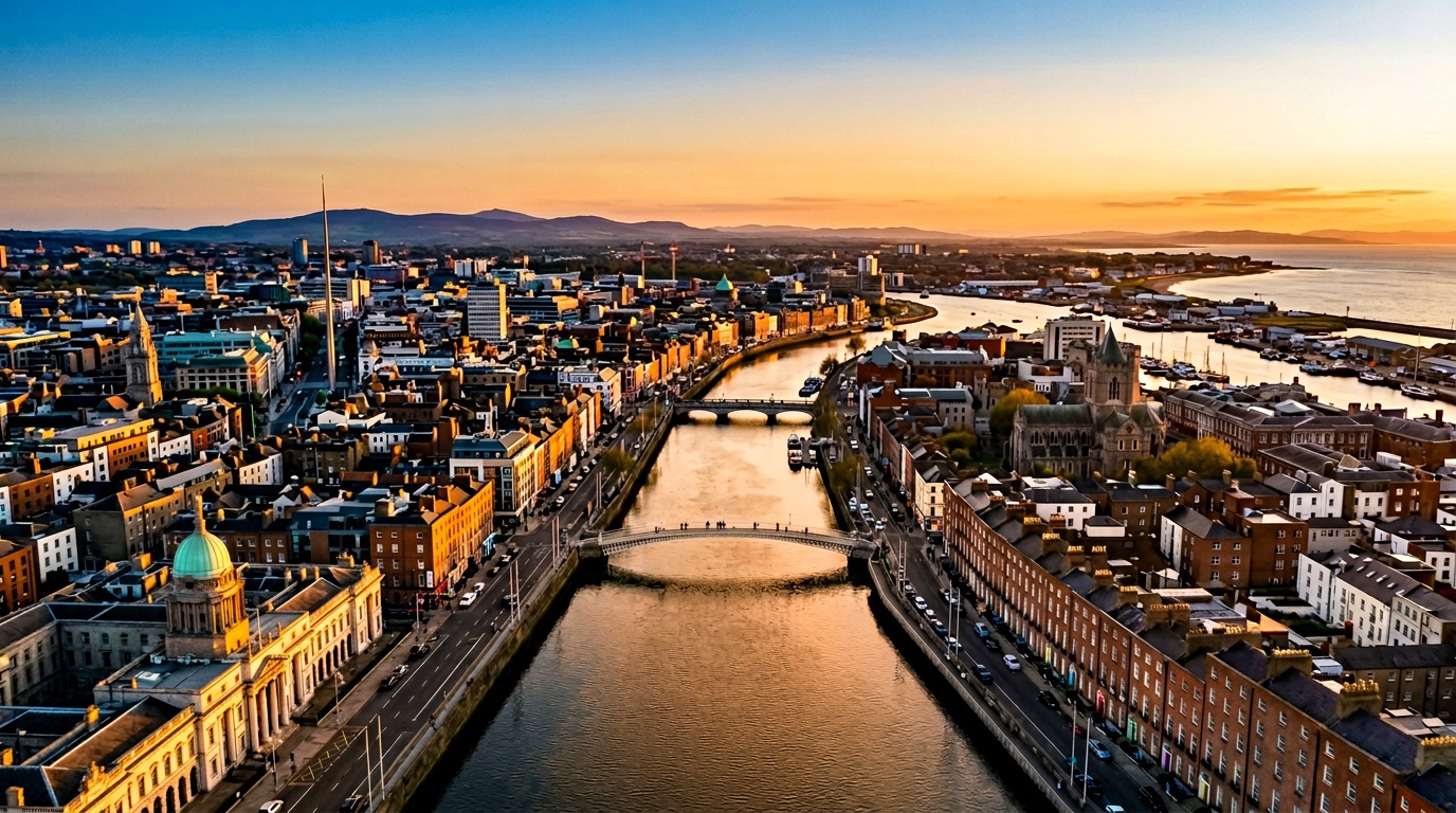 Aerial view of Dublin, the destination for FlyKube flights from Amsterdam