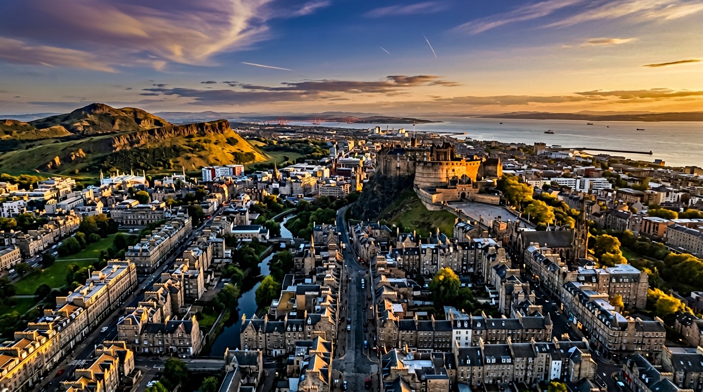 Aerial view of Edinburgh, the destination for FlyKube flights from Amsterdam