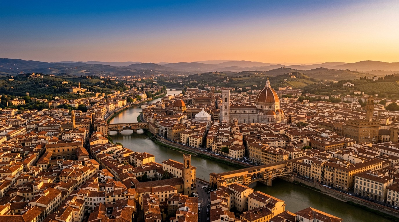 Aerial view of Florence, the destination for FlyKube flights from Amsterdam