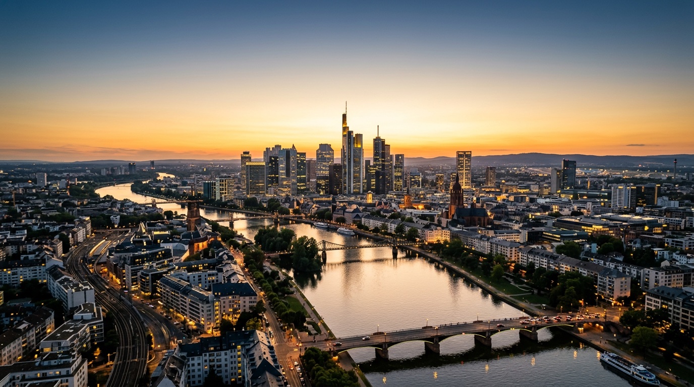 Aerial view of Frankfurt, the destination for FlyKube flights from Amsterdam