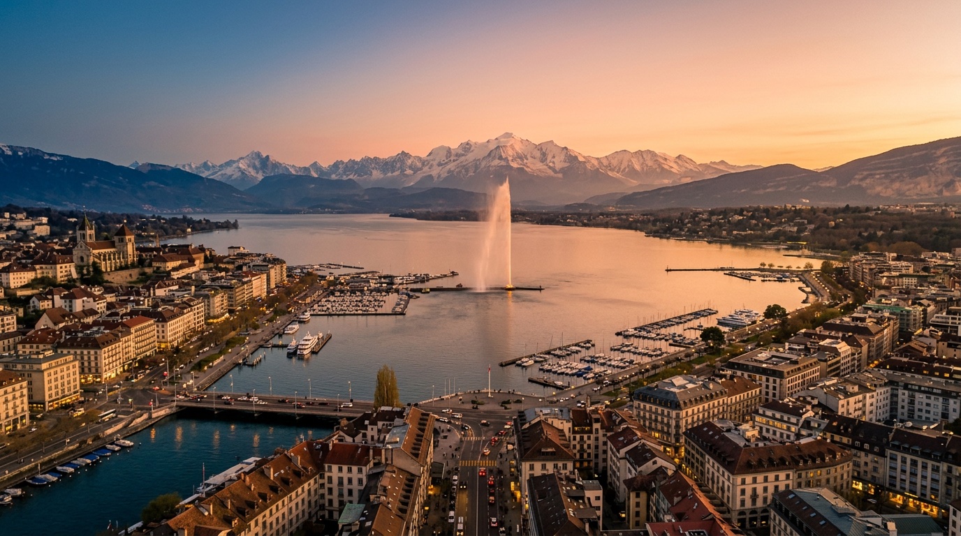 Aerial view of Geneva, the destination for FlyKube flights from Amsterdam