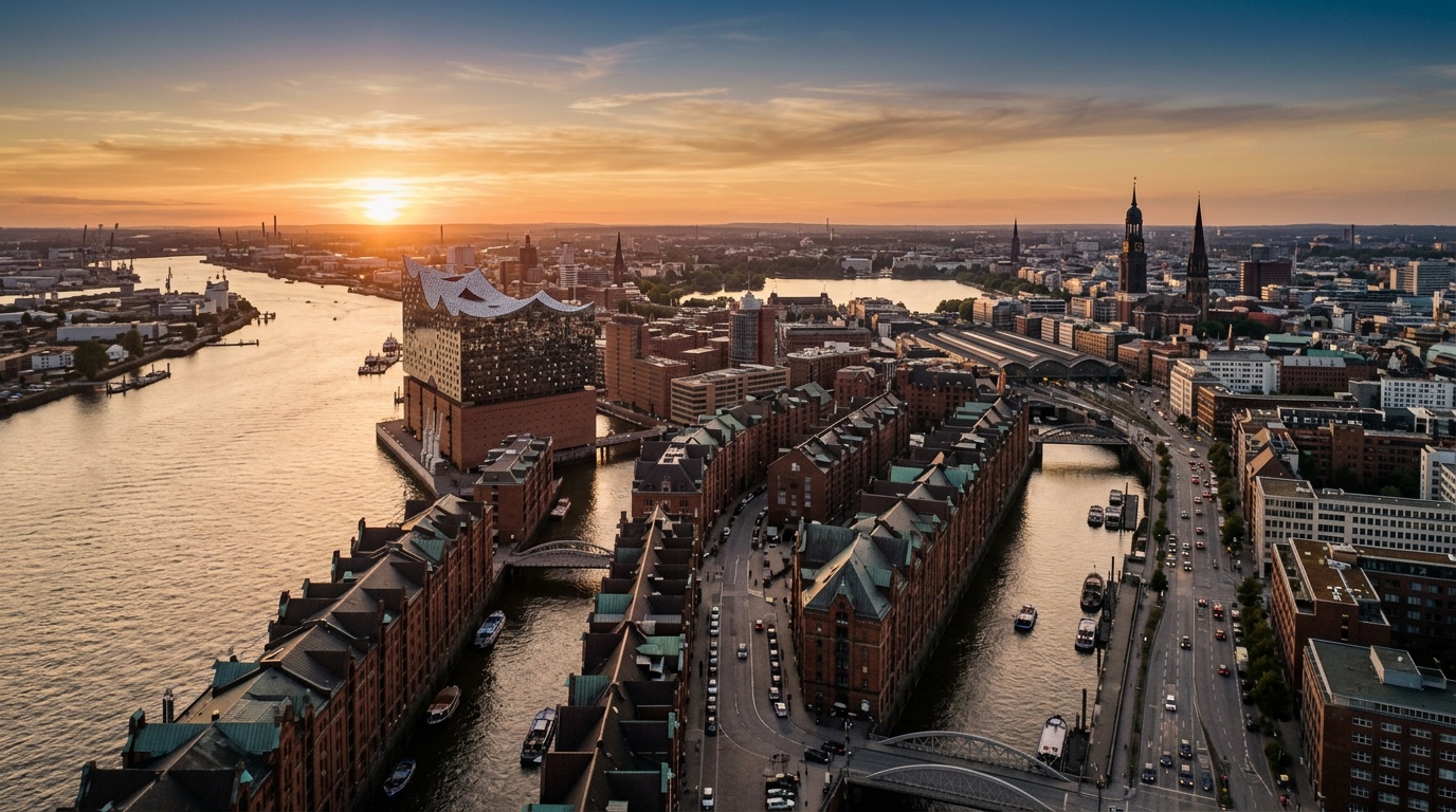 Aerial view of Hamburg, the destination for FlyKube flights from Amsterdam