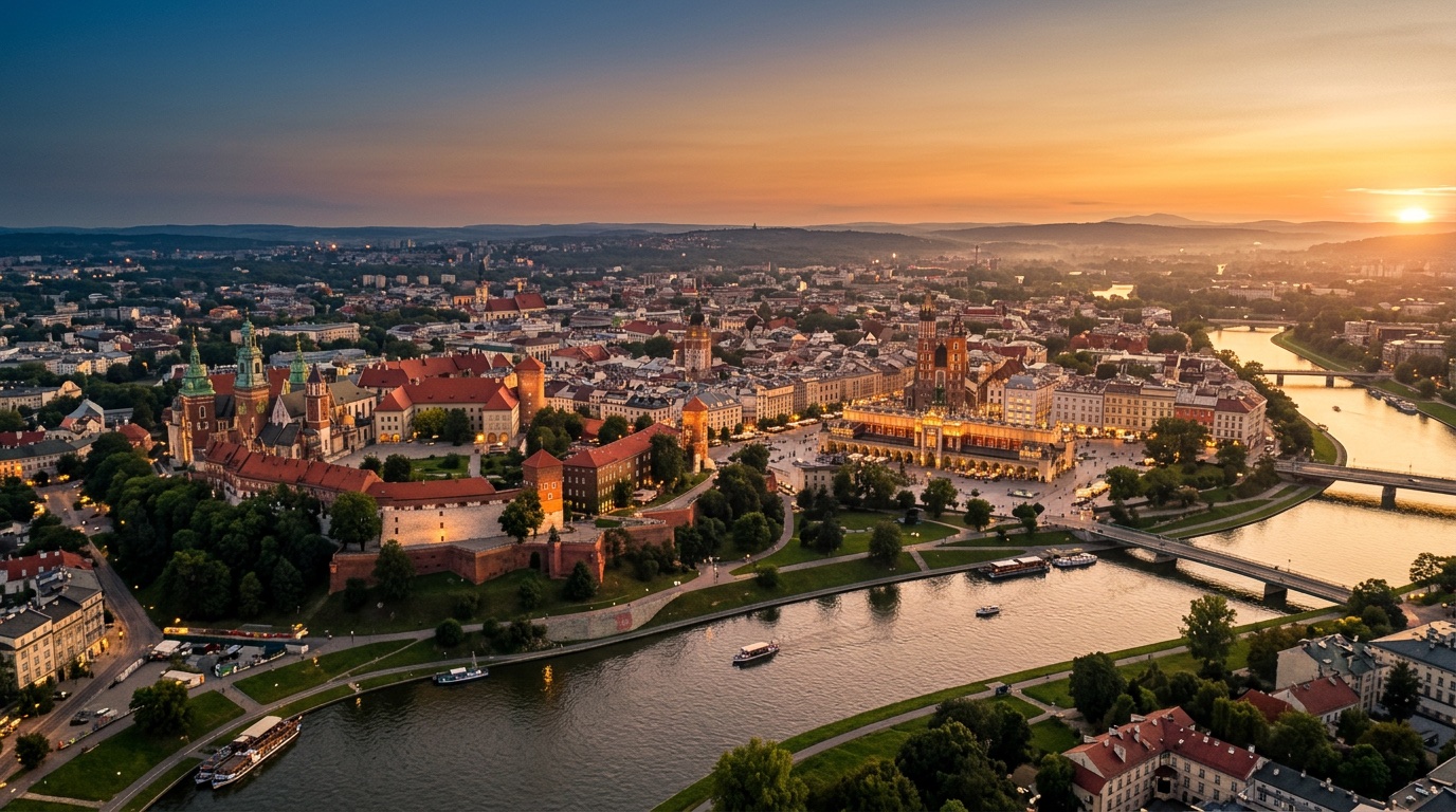 Aerial view of Krakow, the destination for FlyKube flights from Amsterdam