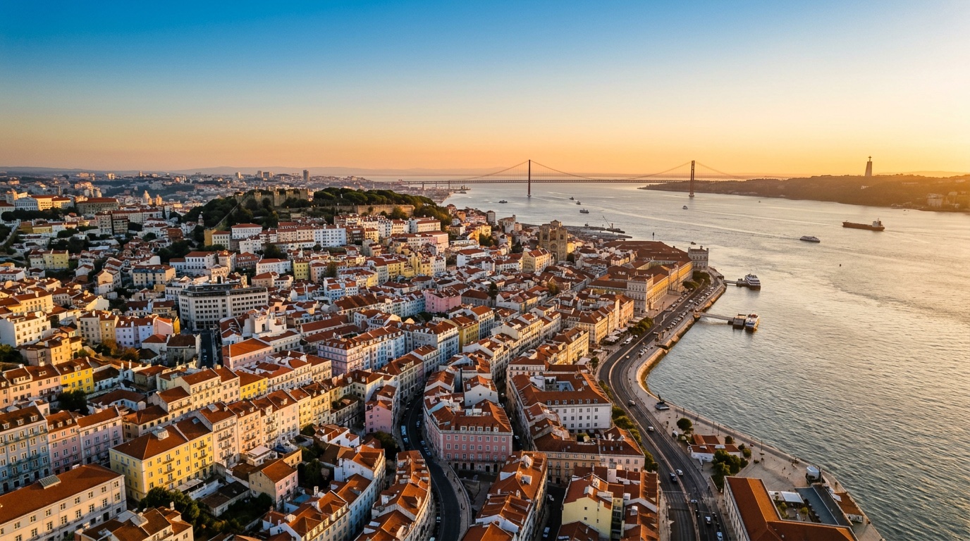 Aerial view of Lisbon, the destination for FlyKube flights from Amsterdam