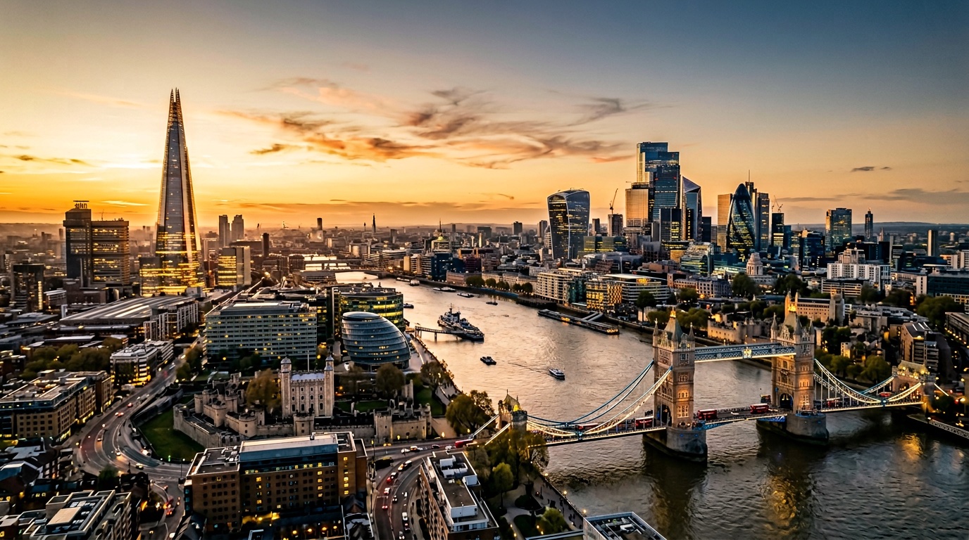 Aerial view of London, the destination for FlyKube flights from Amsterdam