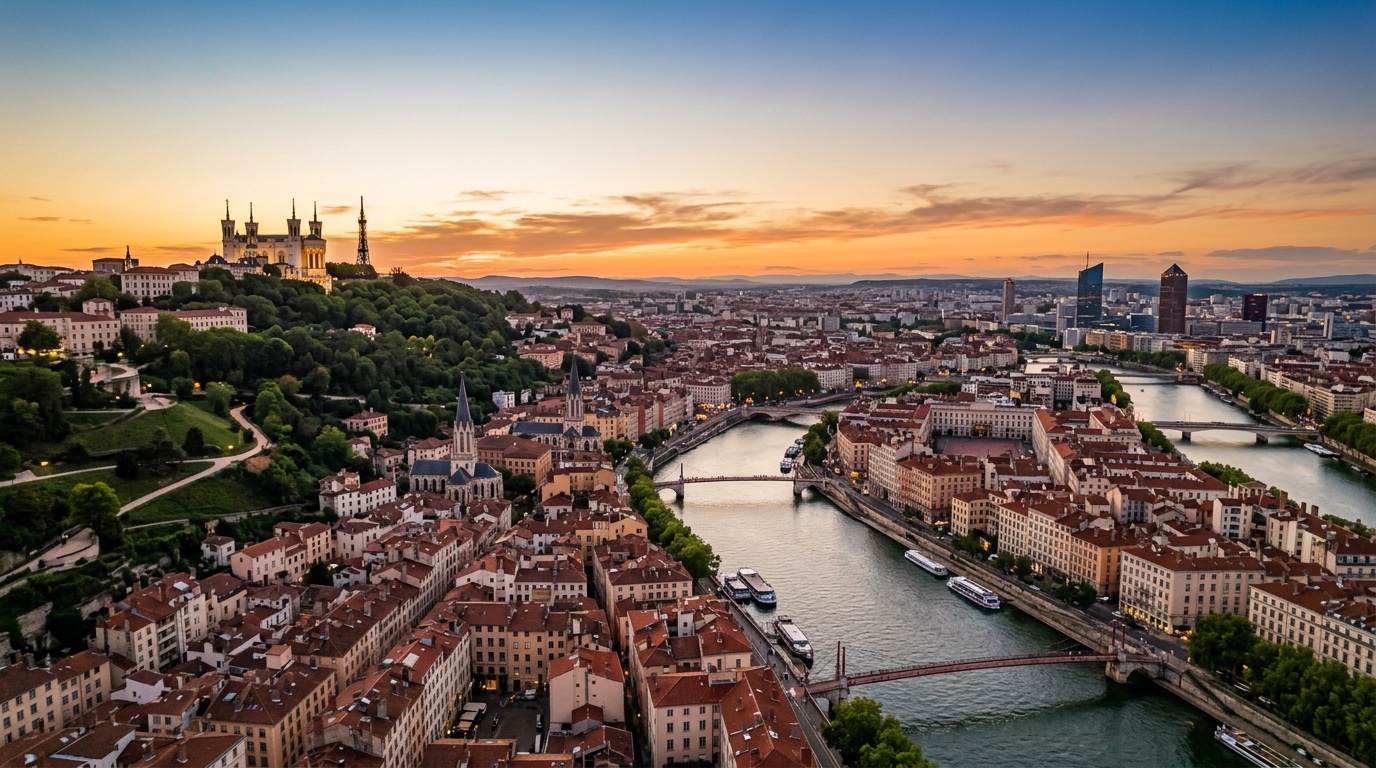 Aerial view of Lyon, the destination for FlyKube flights from Amsterdam