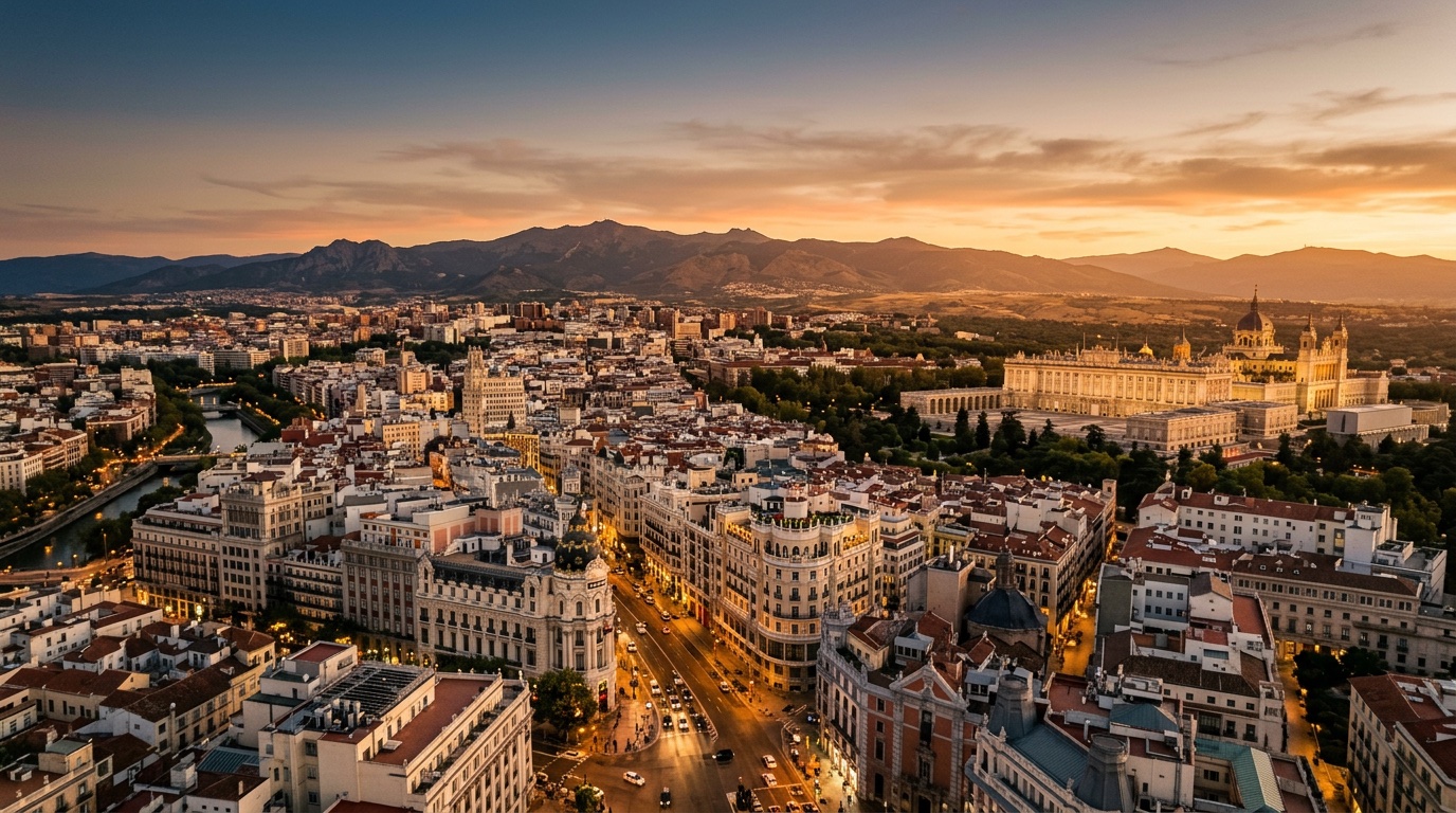 Aerial view of Madrid, the destination for FlyKube flights from Amsterdam