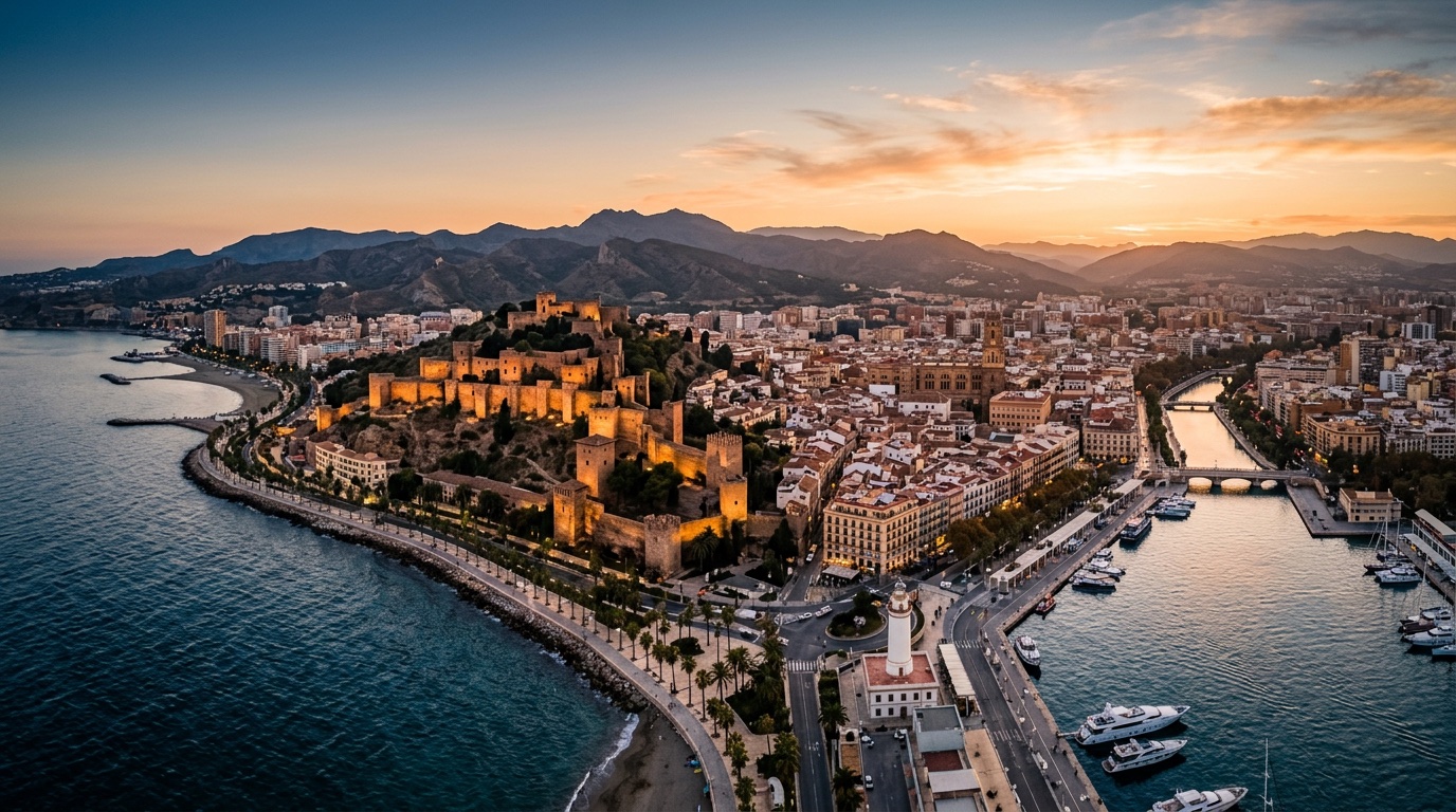 Aerial view of Malaga, the destination for FlyKube flights from Amsterdam