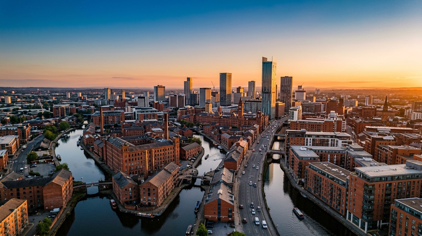 Aerial view of Manchester, the destination for FlyKube flights from Amsterdam