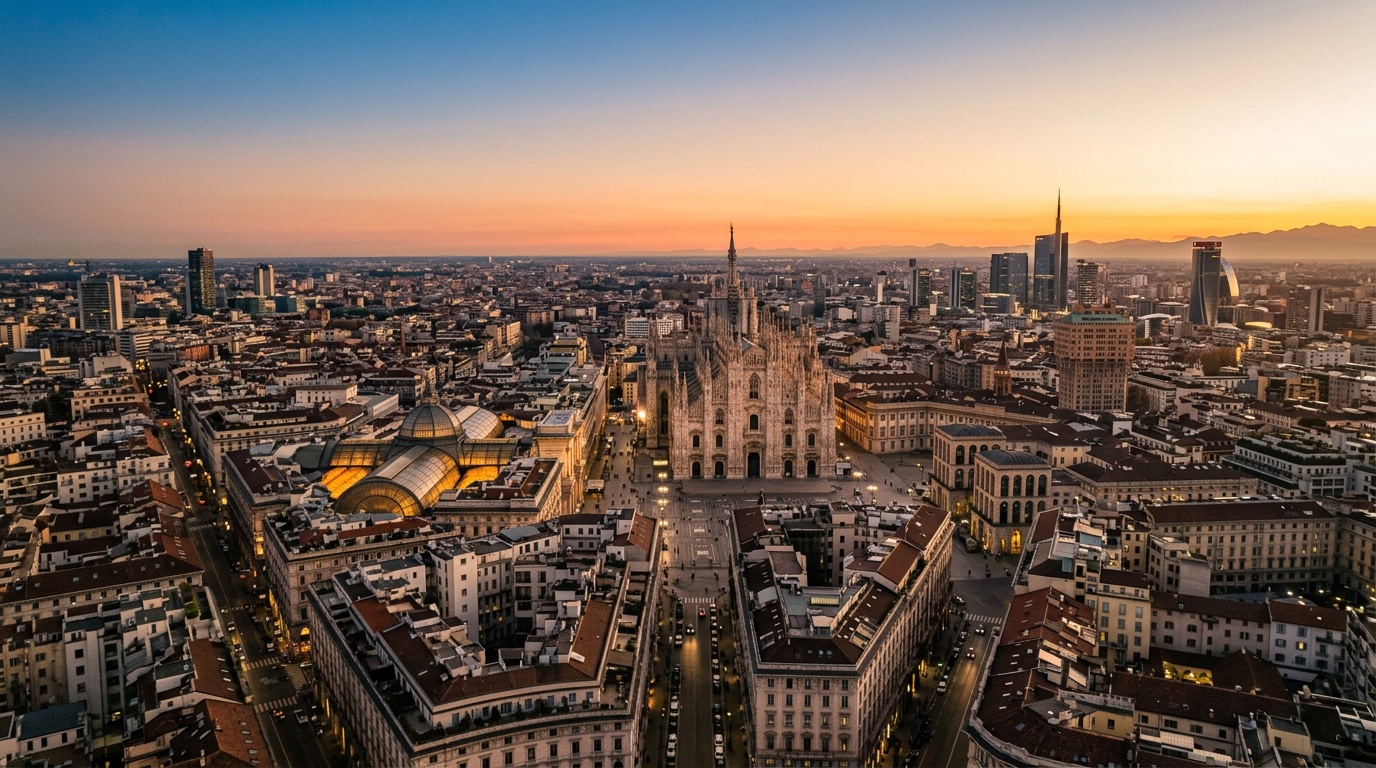 Aerial view of Milan, the destination for FlyKube flights from Amsterdam
