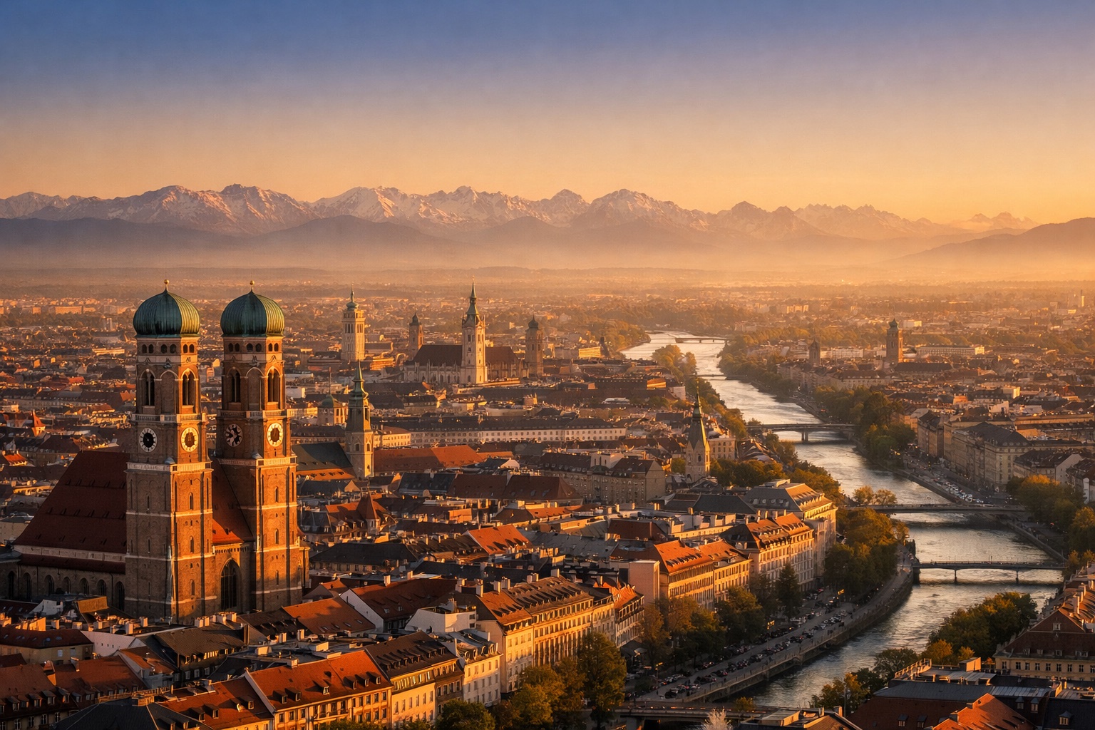 Aerial view of Munich, the destination for FlyKube flights from Amsterdam