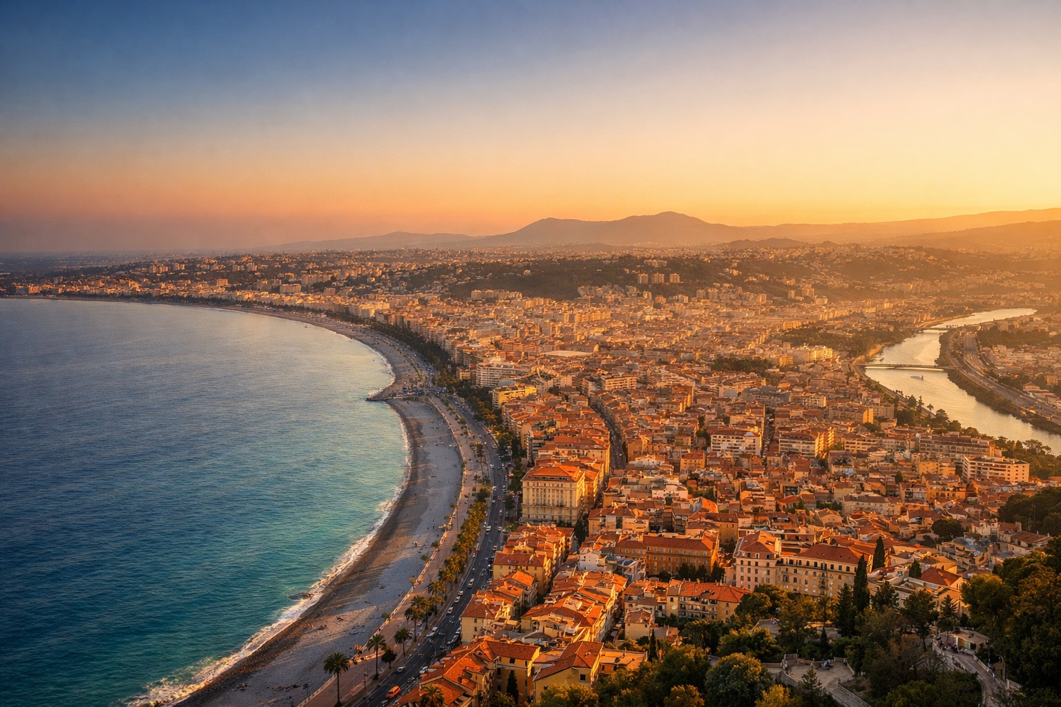 Aerial view of Nice, the destination for FlyKube flights from Amsterdam