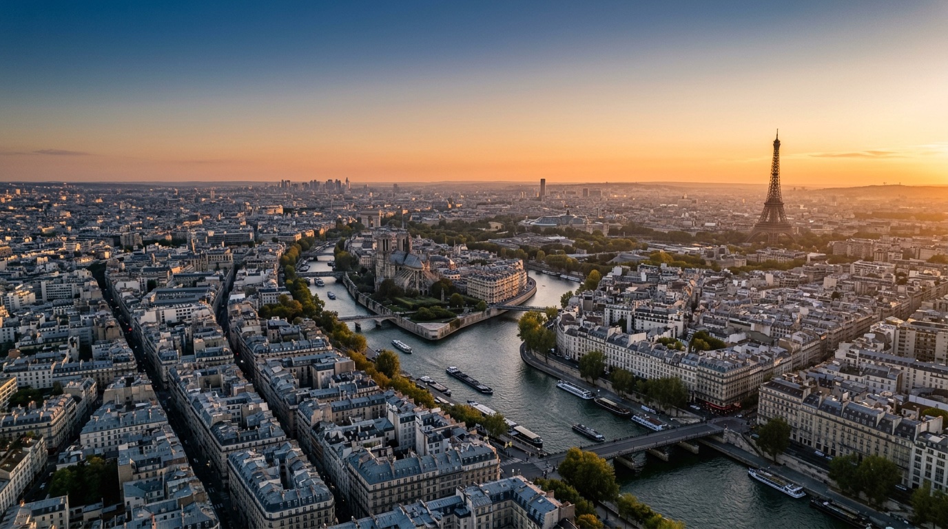 Aerial view of Paris, the destination for FlyKube flights from Amsterdam