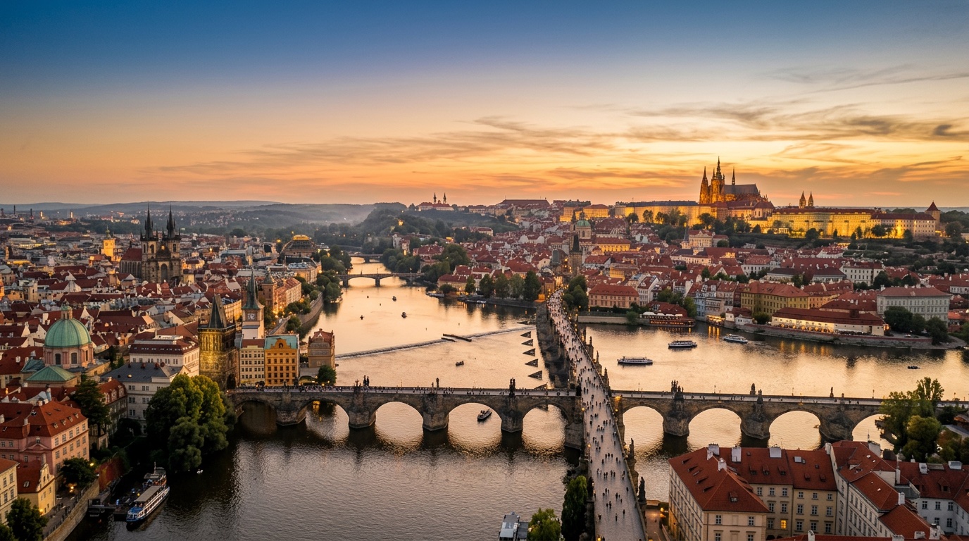 Aerial view of Prague, the destination for FlyKube flights from Amsterdam
