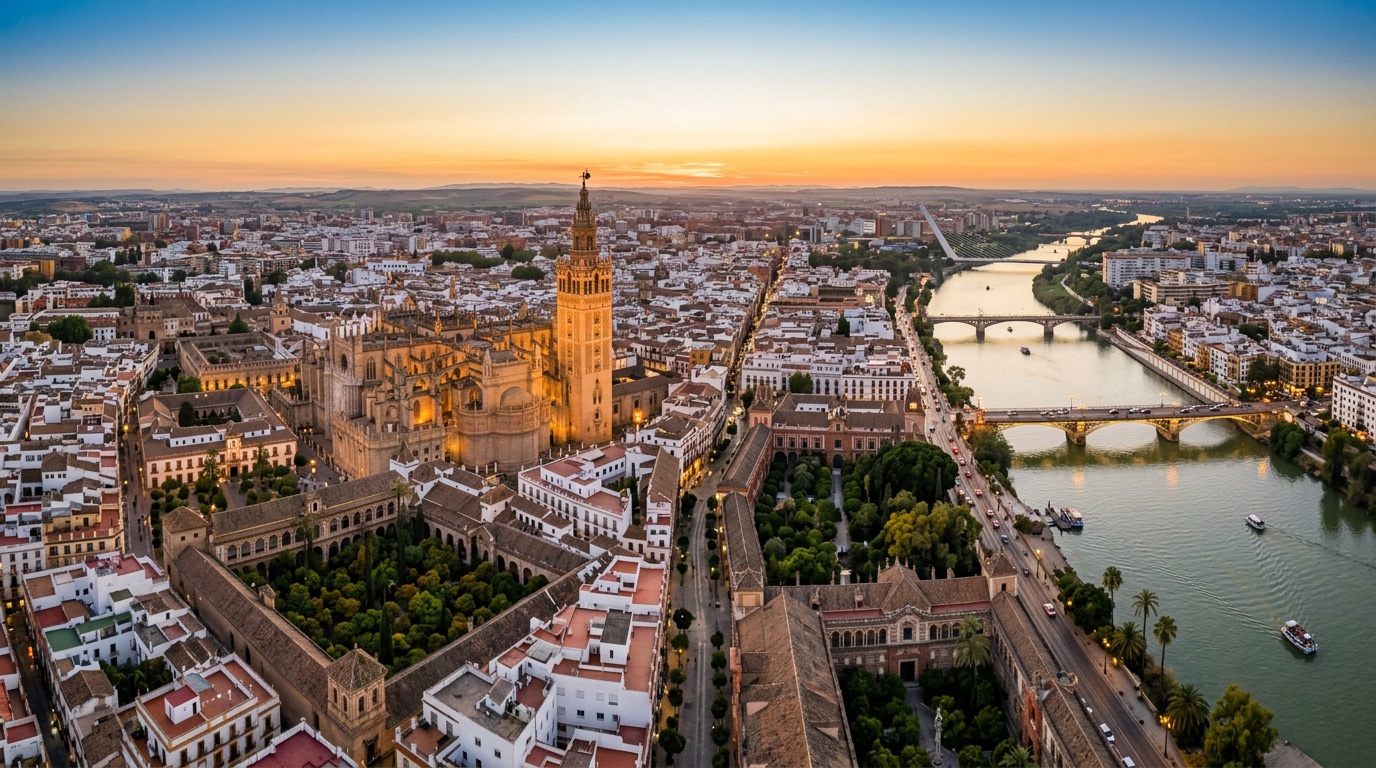 Aerial view of Seville, the destination for FlyKube flights from Amsterdam
