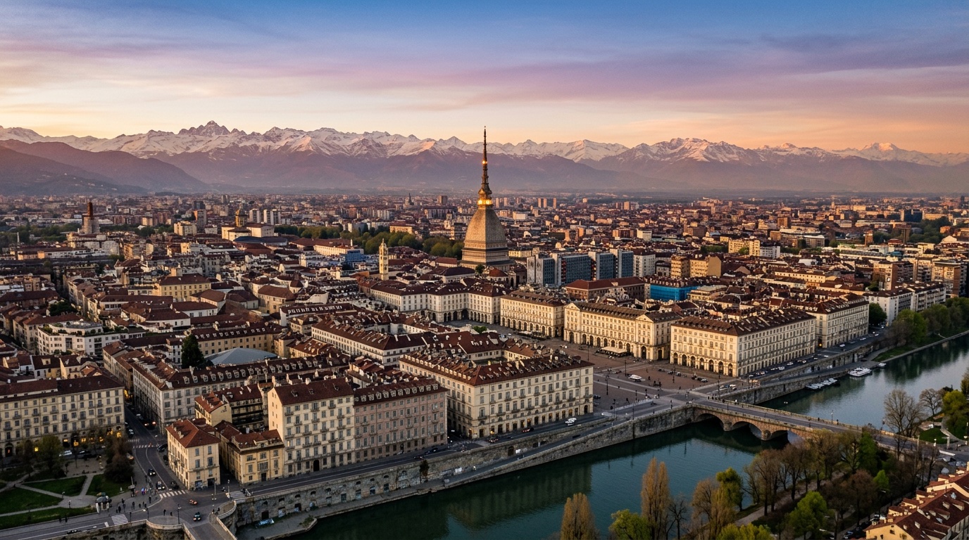 Aerial view of Turin, the destination for FlyKube flights from Amsterdam