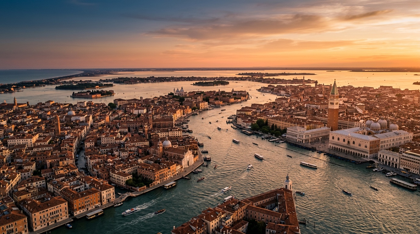 Aerial view of Venice, the destination for FlyKube flights from Amsterdam