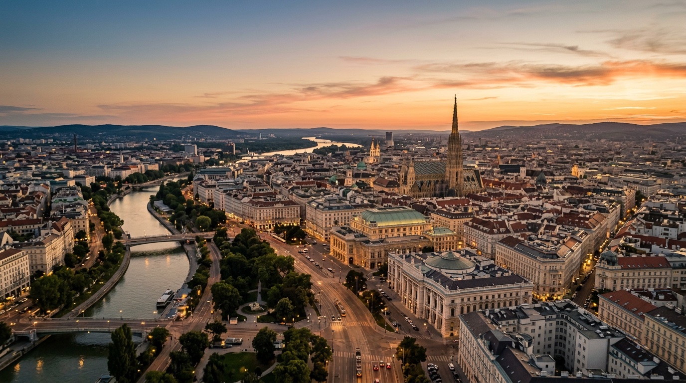 Aerial view of Vienna, the destination for FlyKube flights from Amsterdam