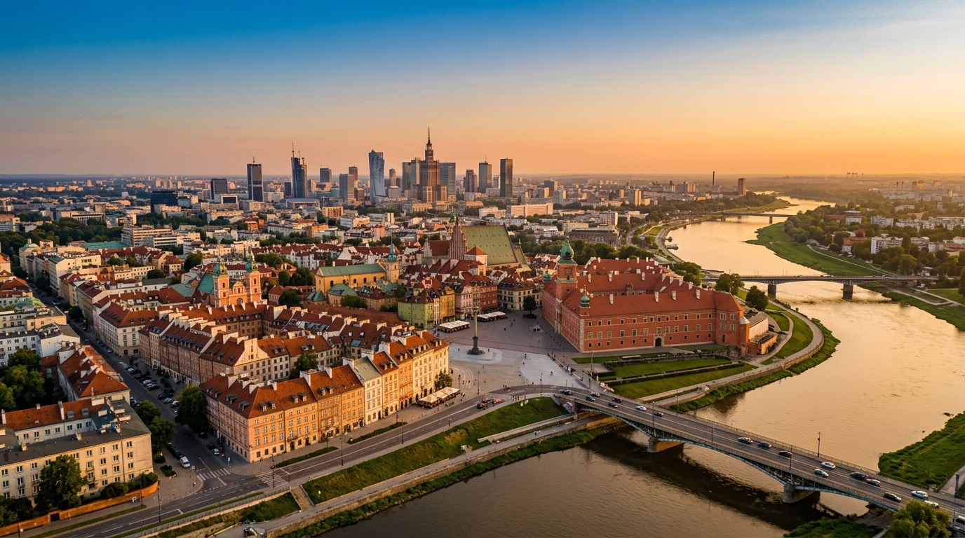 Aerial view of Warsaw, the destination for FlyKube flights from Amsterdam