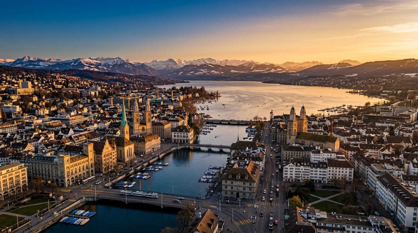 Aerial view of Zurich, the destination for FlyKube flights from Amsterdam