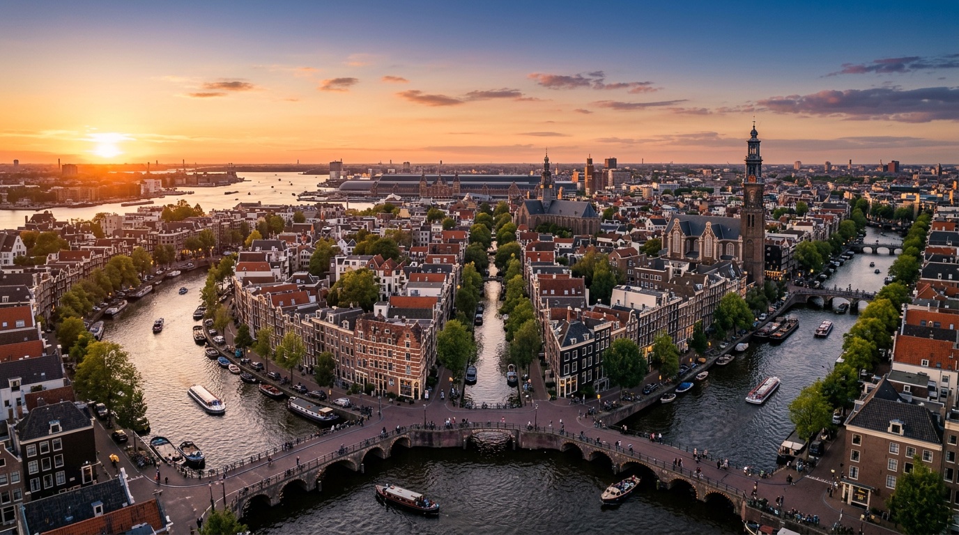 Aerial view of Amsterdam, the destination for FlyKube flights from Athens