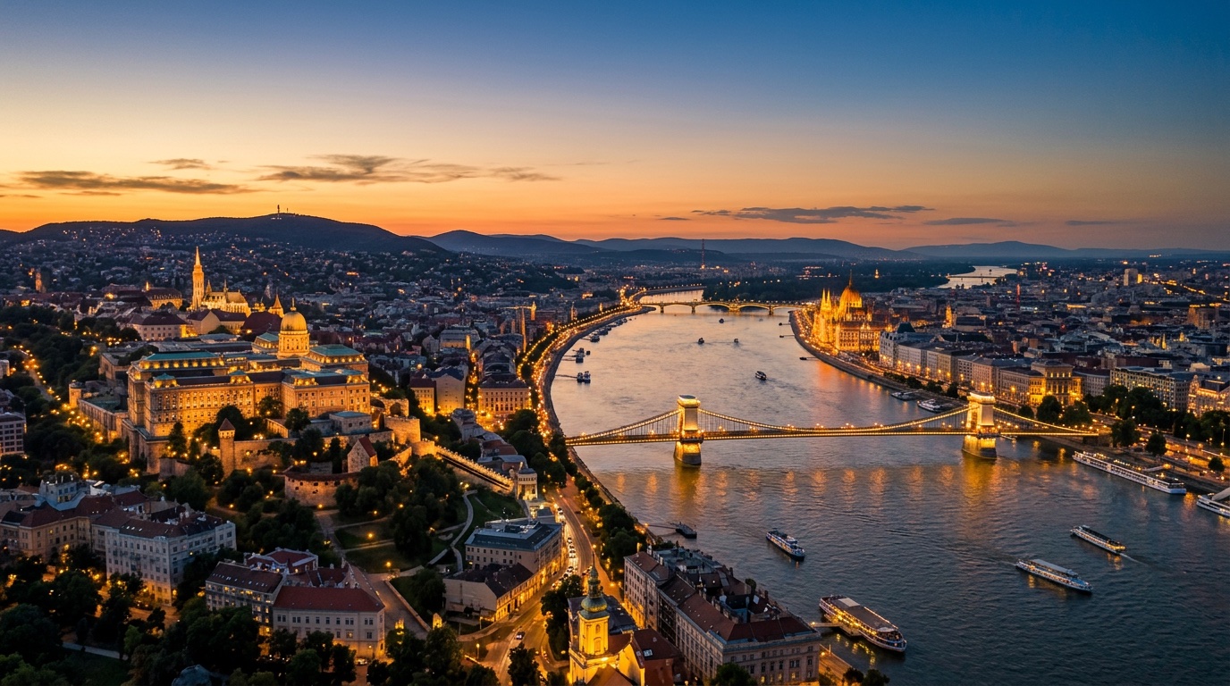 Aerial view of Budapest, the destination for FlyKube flights from Athens