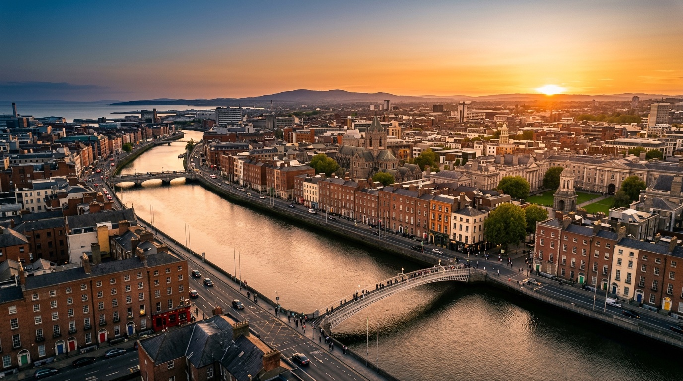Aerial view of Dublin, the destination for FlyKube flights from Athens