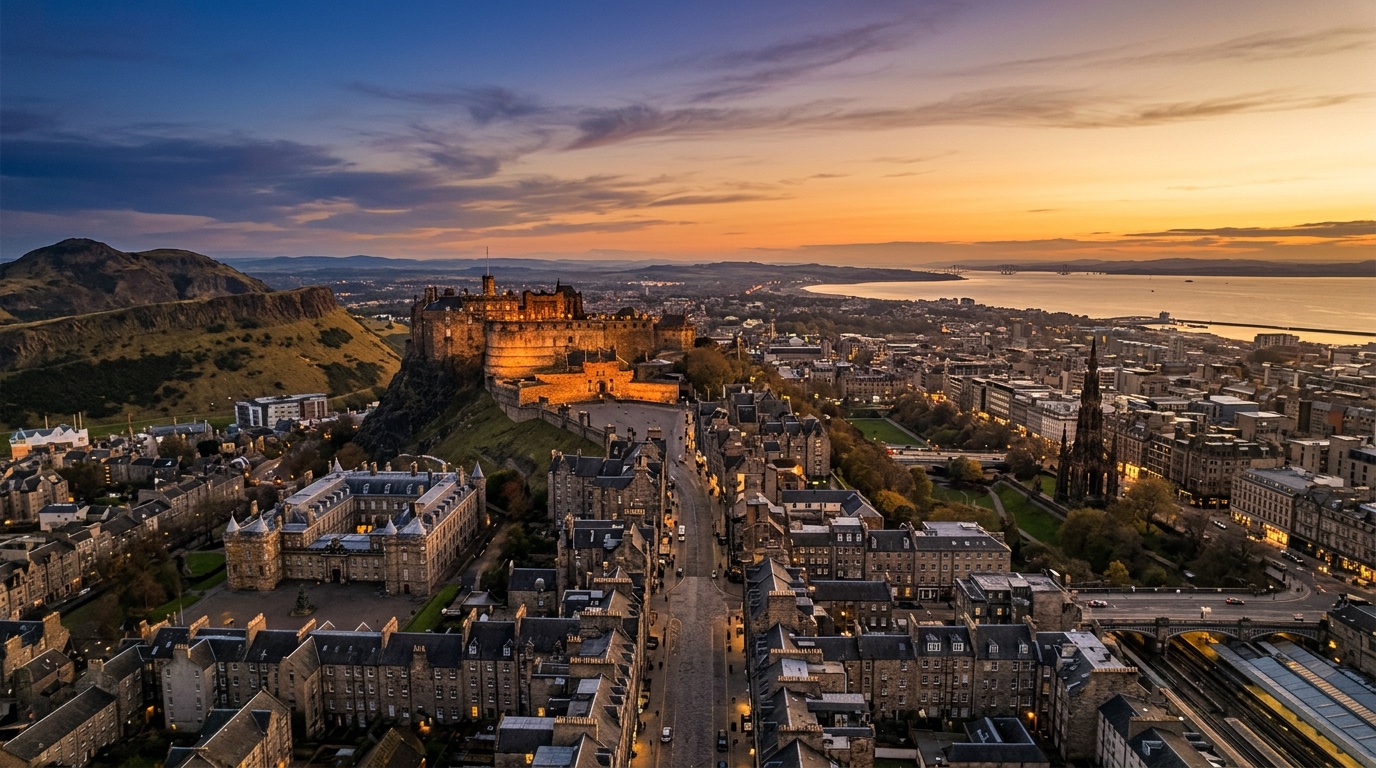 Aerial view of Edinburgh, the destination for FlyKube flights from Athens
