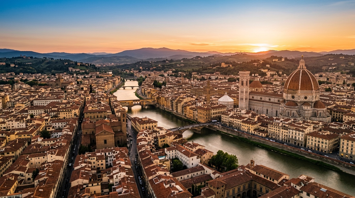 Aerial view of Florence, the destination for FlyKube flights from Athens
