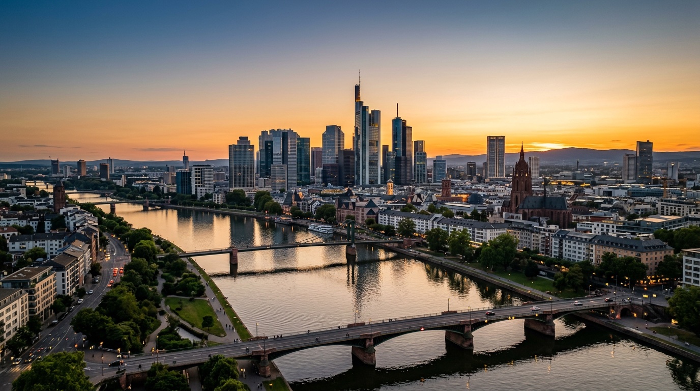 Aerial view of Frankfurt, the destination for FlyKube flights from Athens