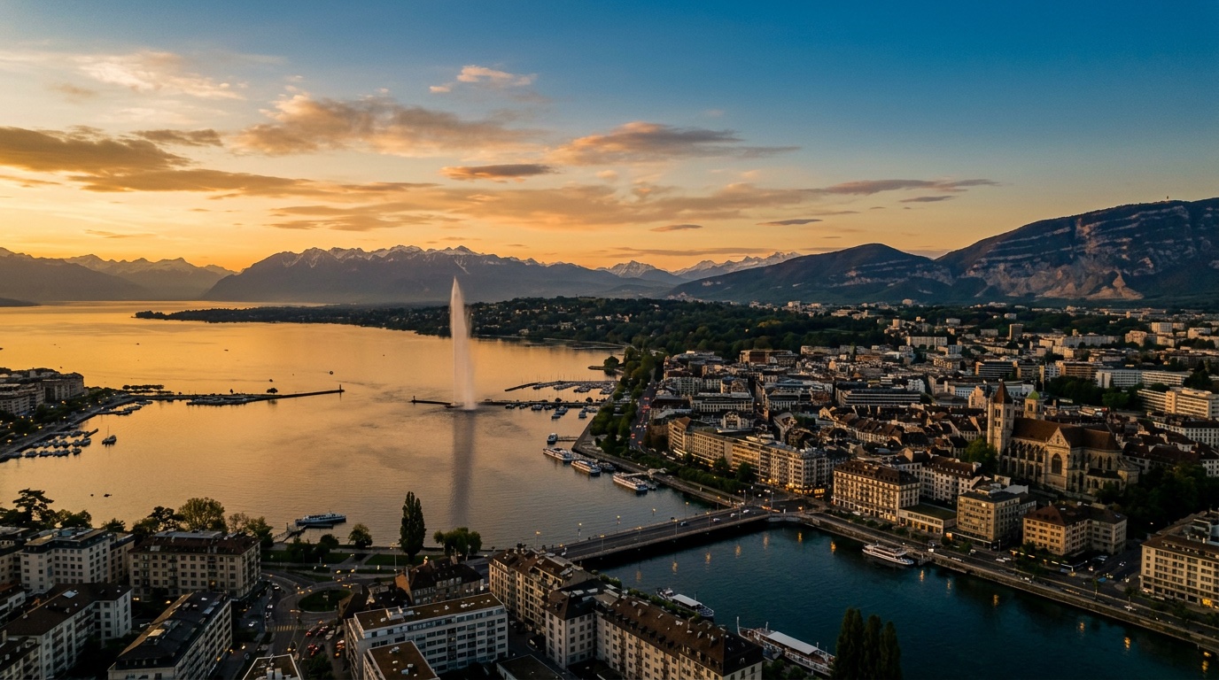 Aerial view of Geneva, the destination for FlyKube flights from Athens