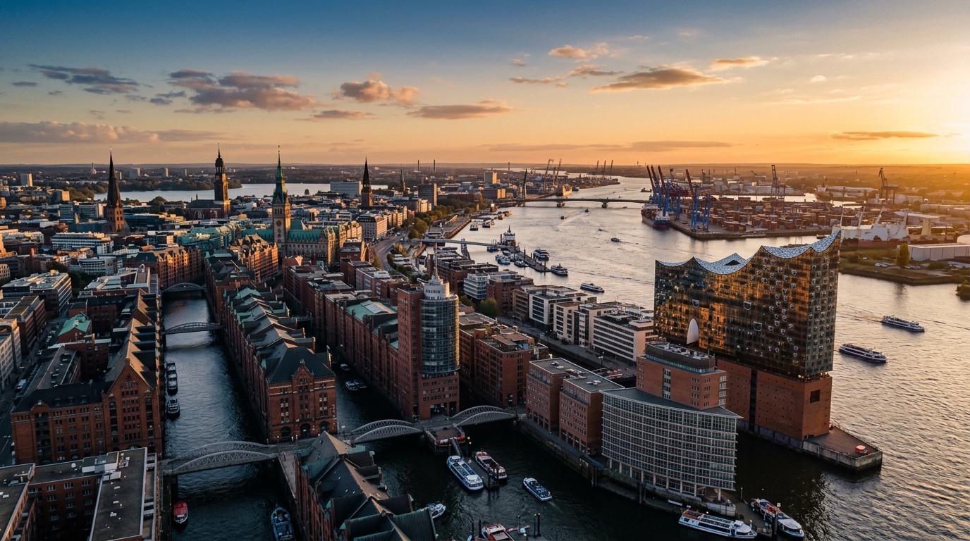 Aerial view of Hamburg, the destination for FlyKube flights from Athens
