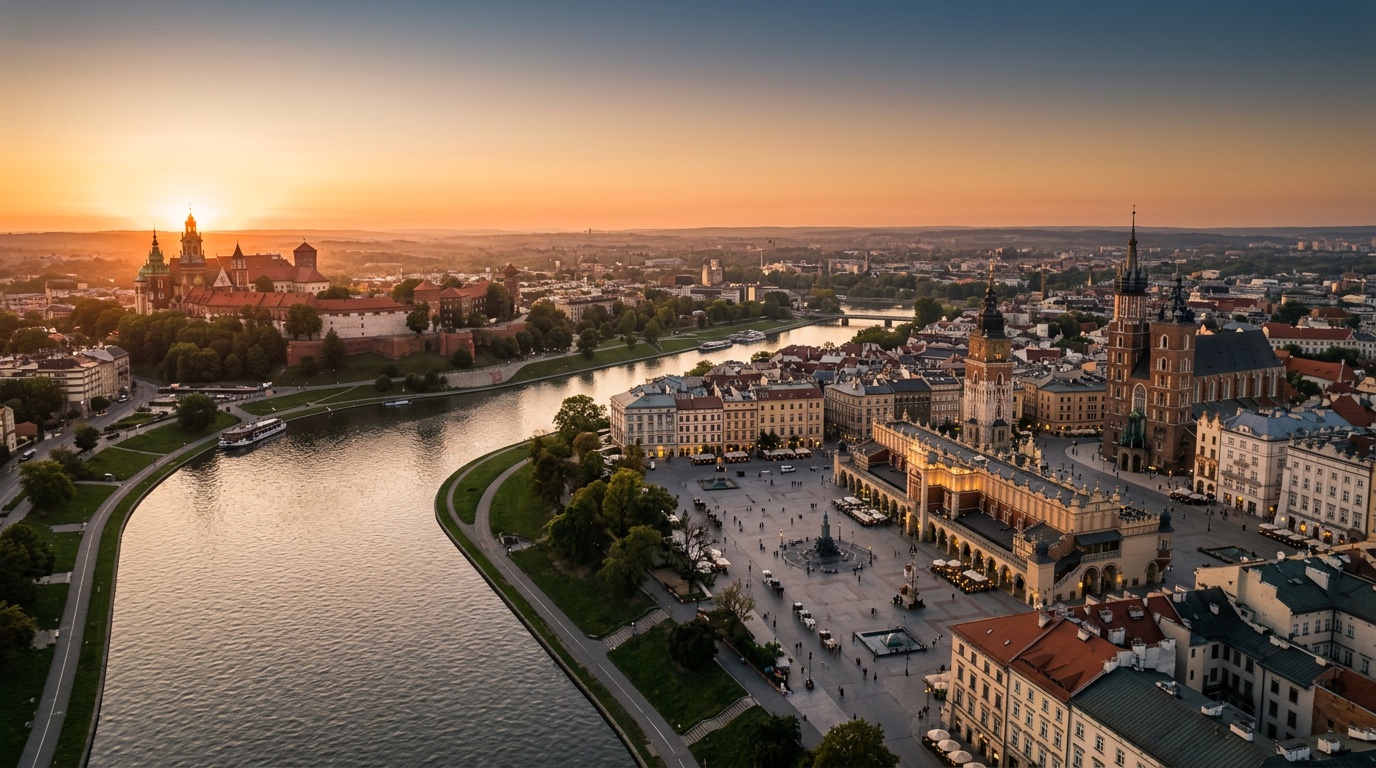 Aerial view of Krakow, the destination for FlyKube flights from Athens