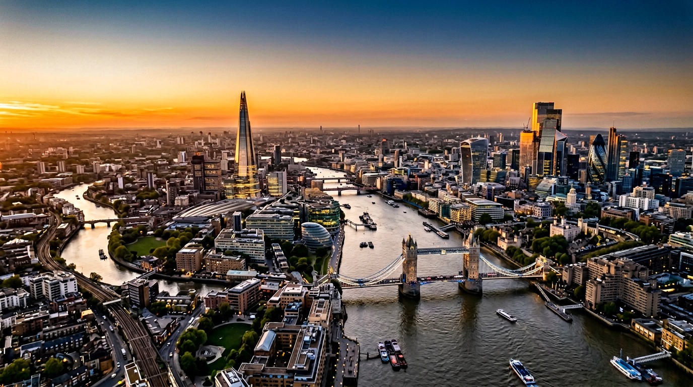 Aerial view of London, the destination for FlyKube flights from Athens