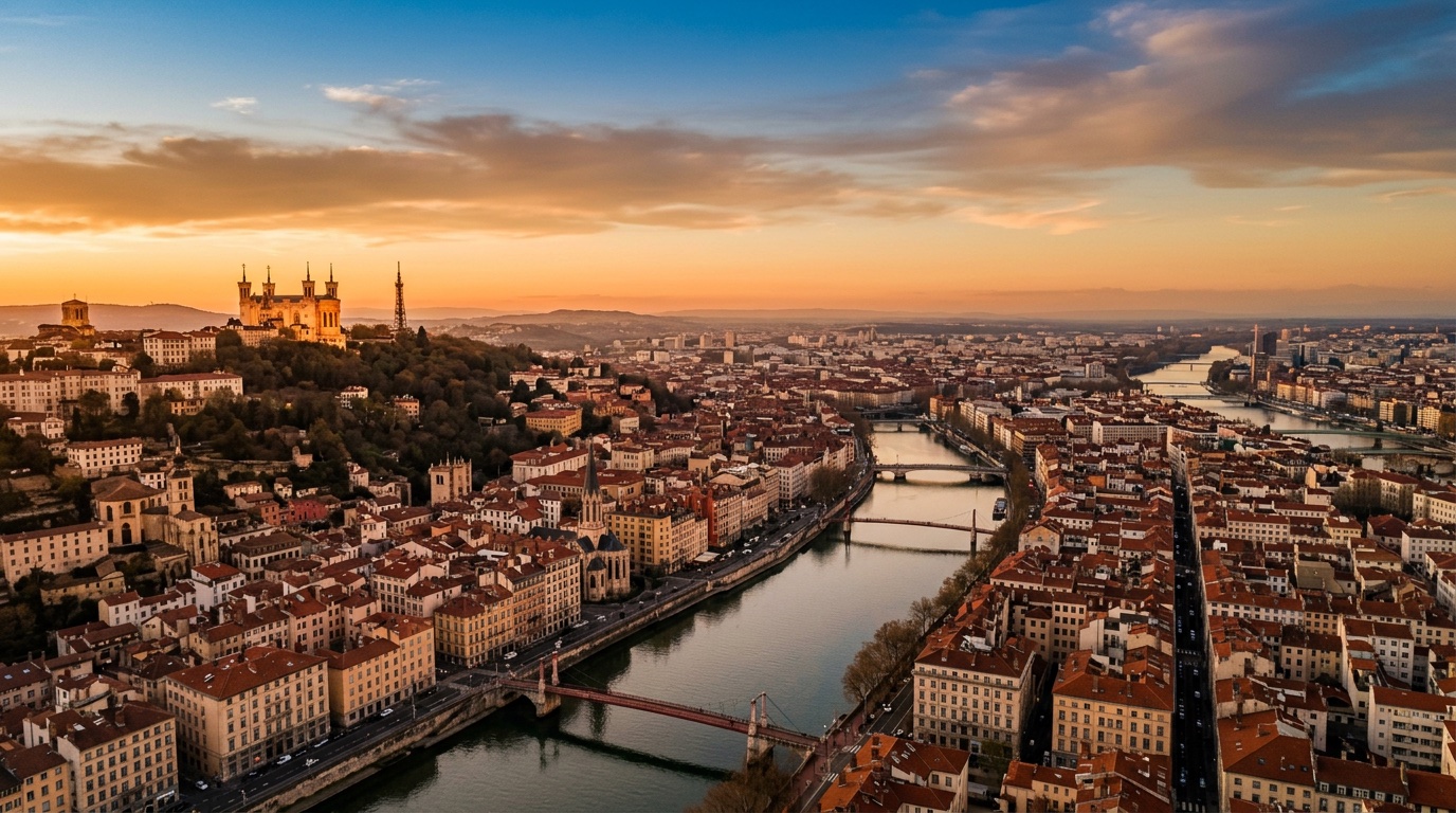 Aerial view of Lyon, the destination for FlyKube flights from Athens