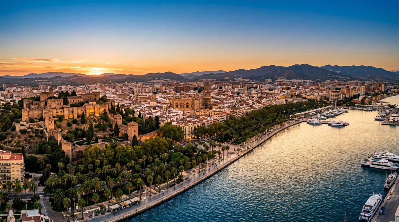 Aerial view of Malaga, the destination for FlyKube flights from Athens