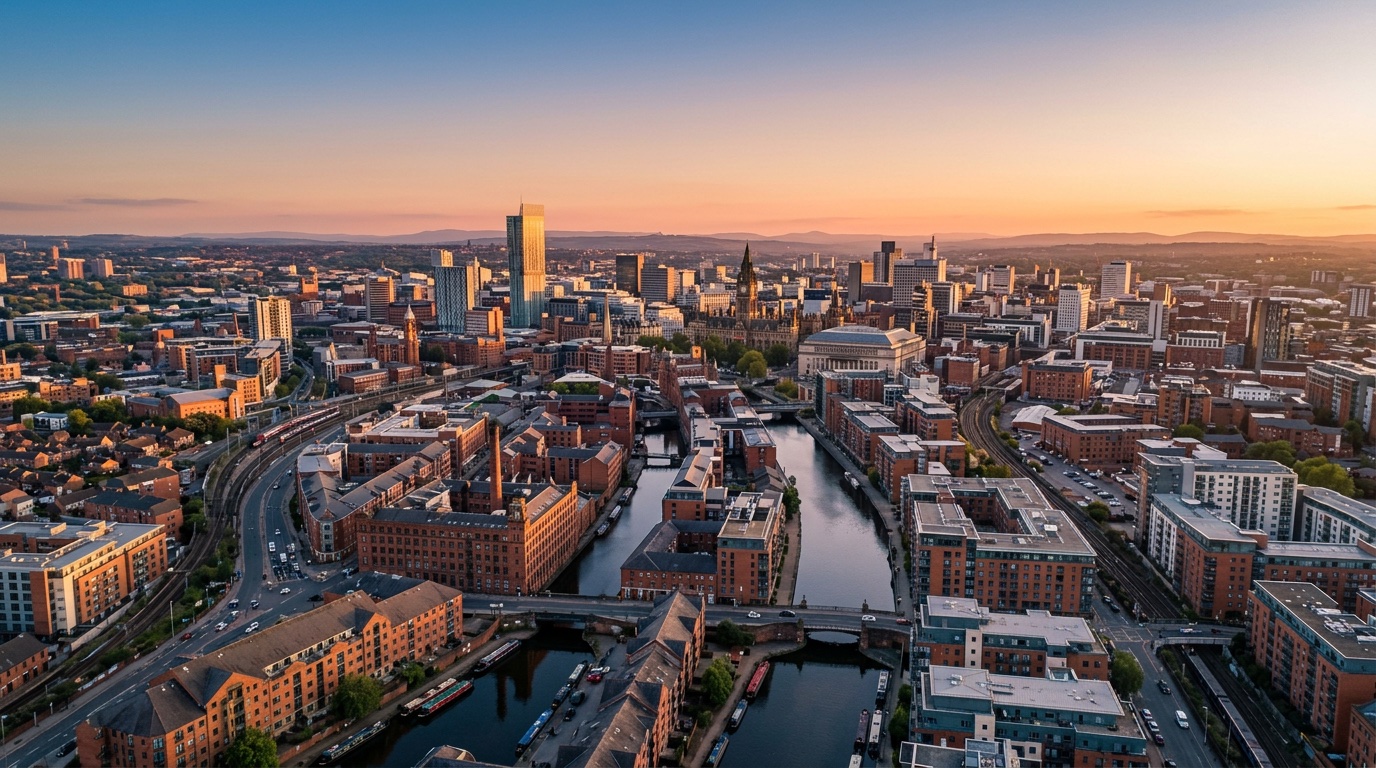 Aerial view of Manchester, the destination for FlyKube flights from Athens