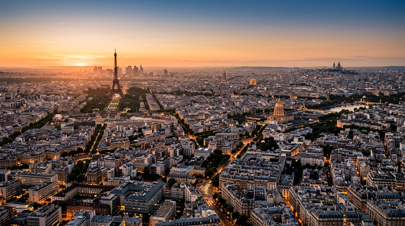 Aerial view of Paris, the destination for FlyKube flights from Athens