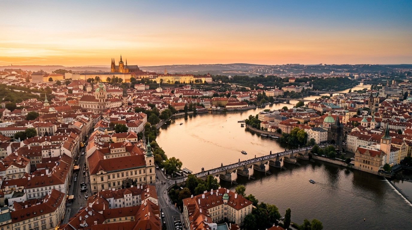 Aerial view of Prague, the destination for FlyKube flights from Athens