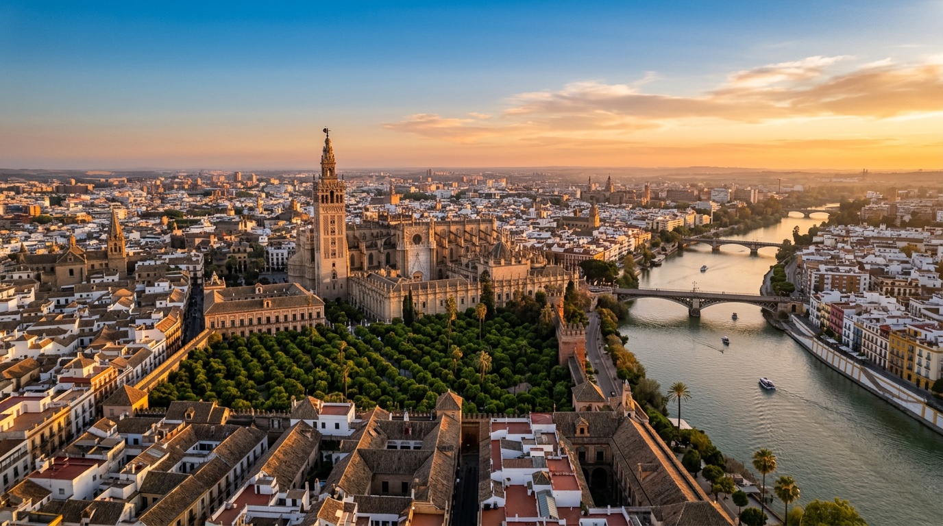 Aerial view of Seville, the destination for FlyKube flights from Athens