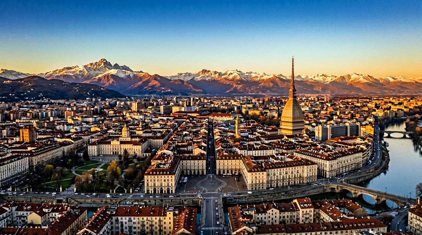 Aerial view of Turin, the destination for FlyKube flights from Athens
