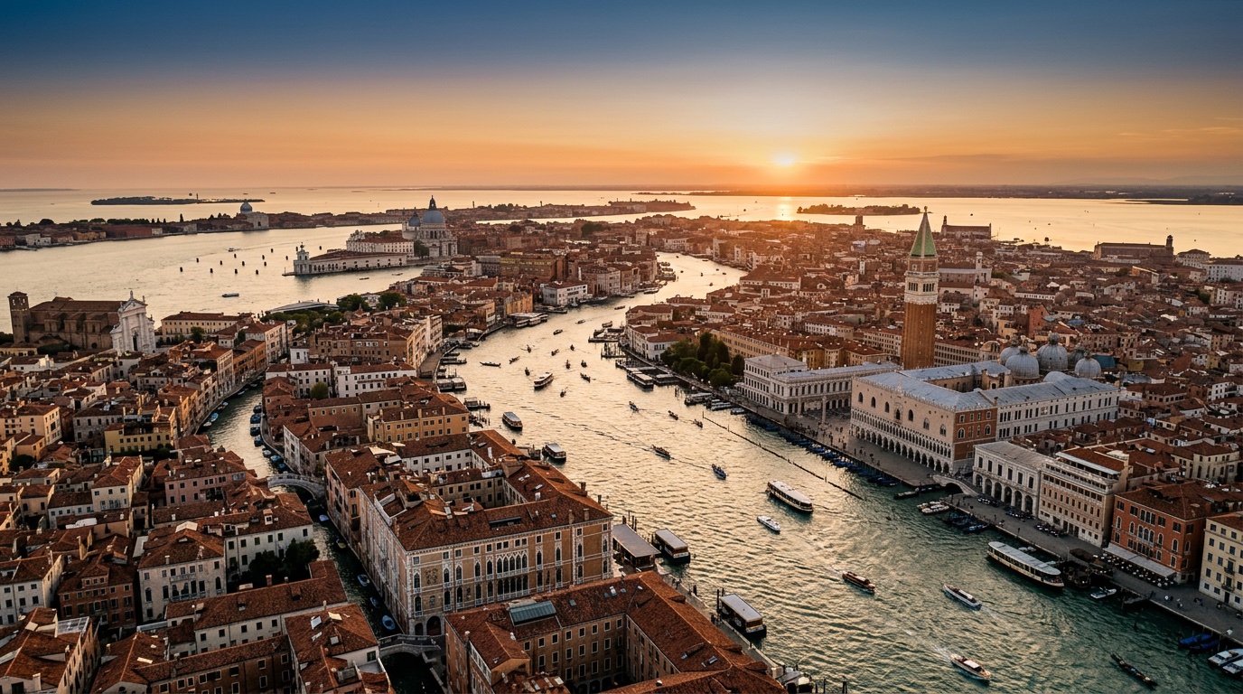 Aerial view of Venice, the destination for FlyKube flights from Athens