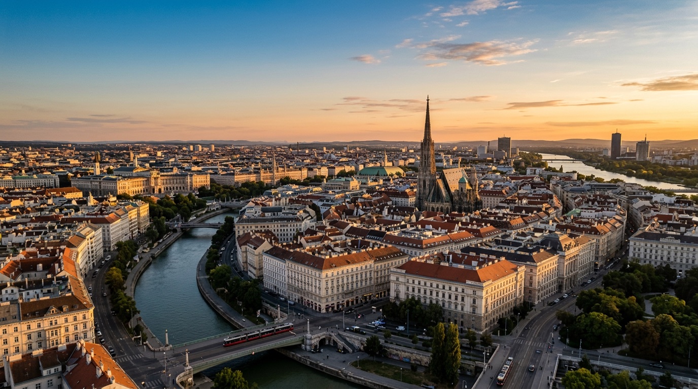 Aerial view of Vienna, the destination for FlyKube flights from Athens