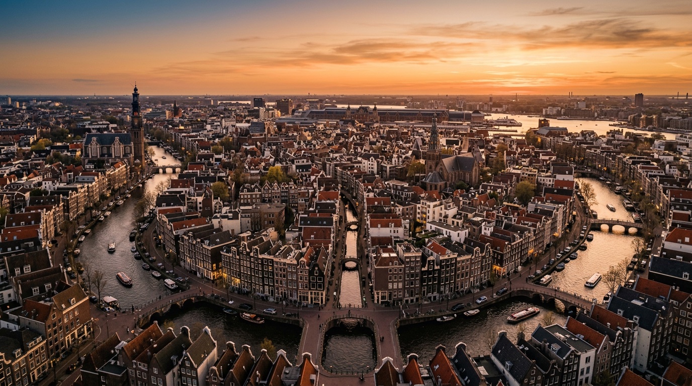 Widok z lotu ptaka na Amsterdam, cel lotów FlyKube z Barcelona