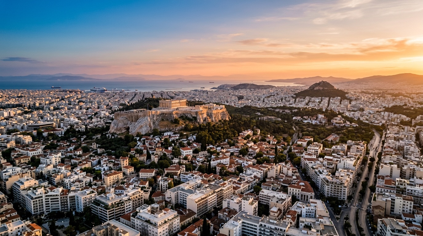 Aerial view of Athens, the destination for FlyKube flights from Barcelona