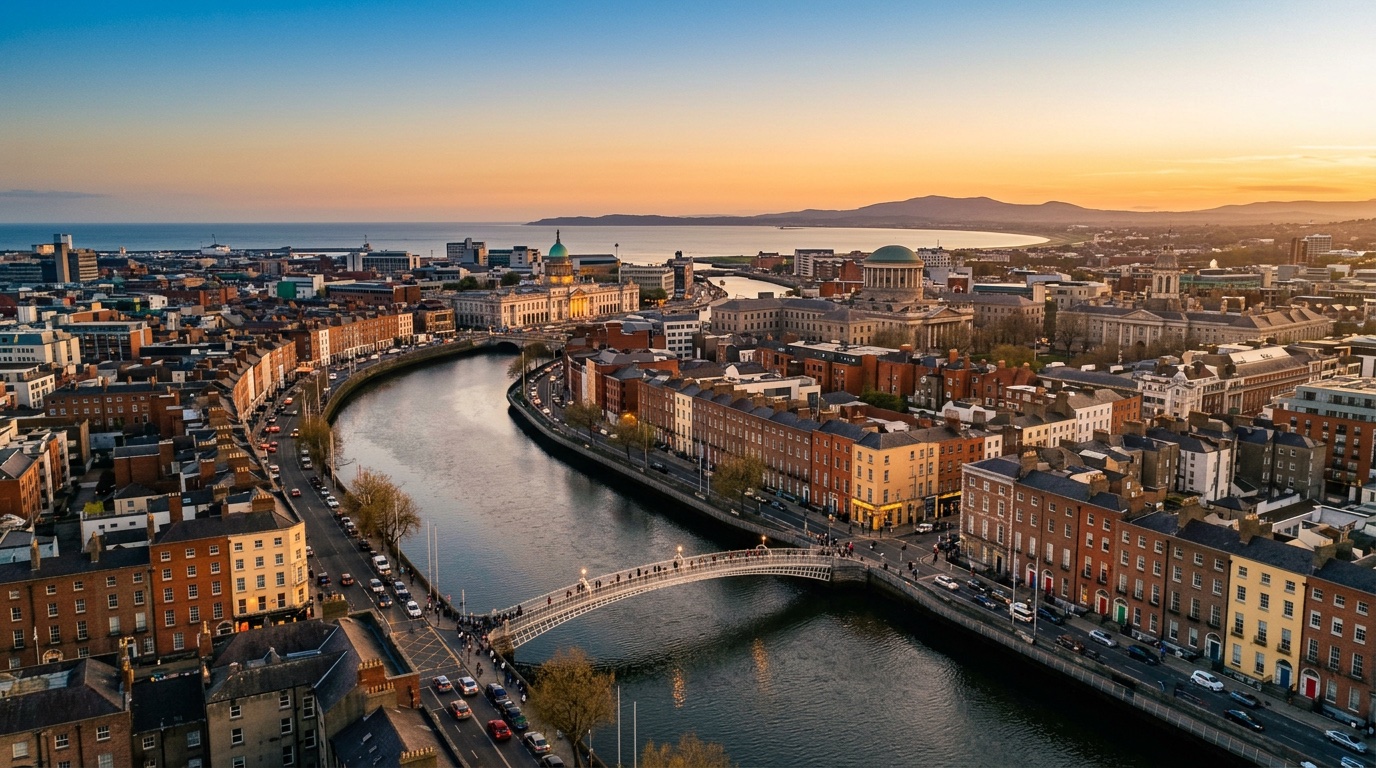 Aerial view of Dublin, the destination for FlyKube flights from Barcelona