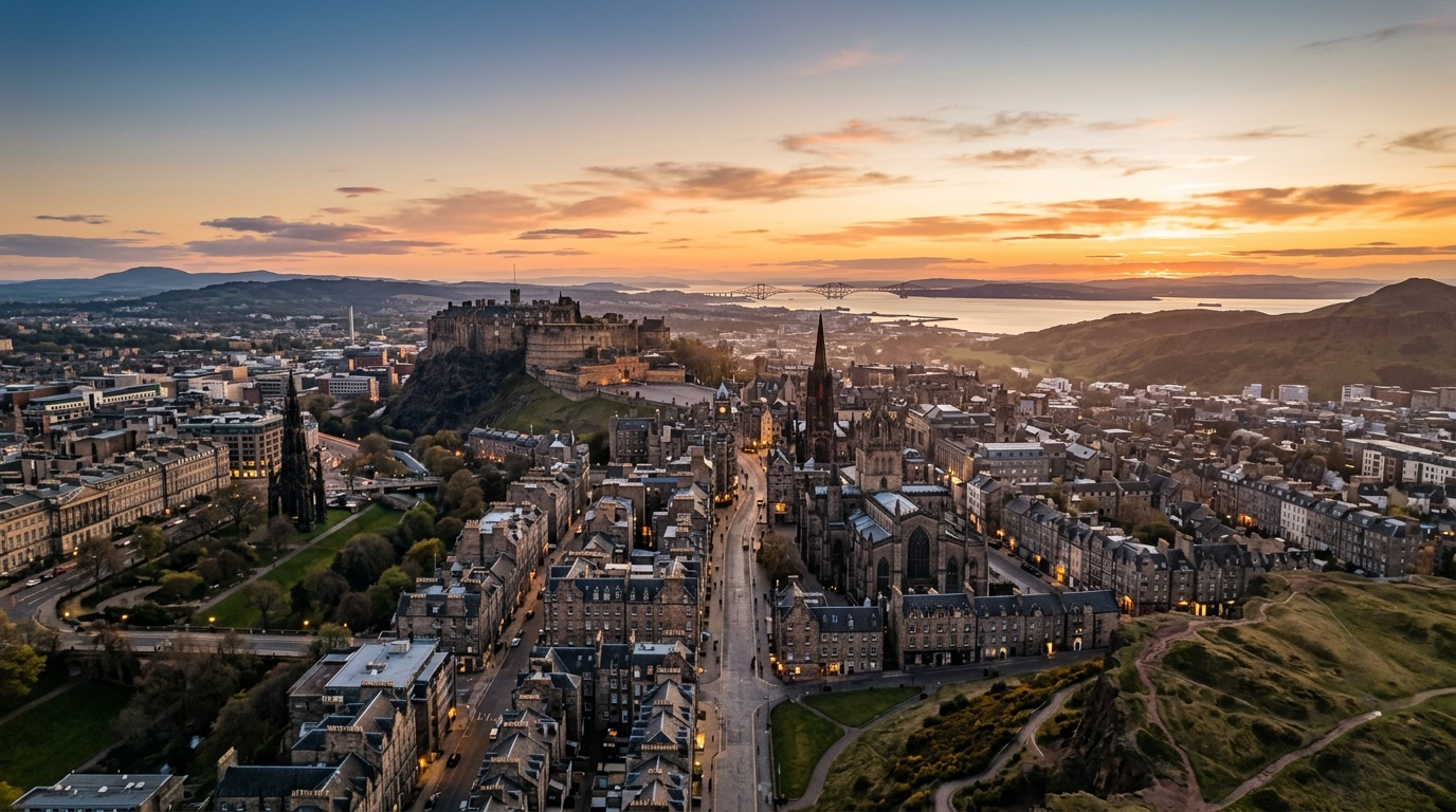 Aerial view of Edinburgh, the destination for FlyKube flights from Barcelona