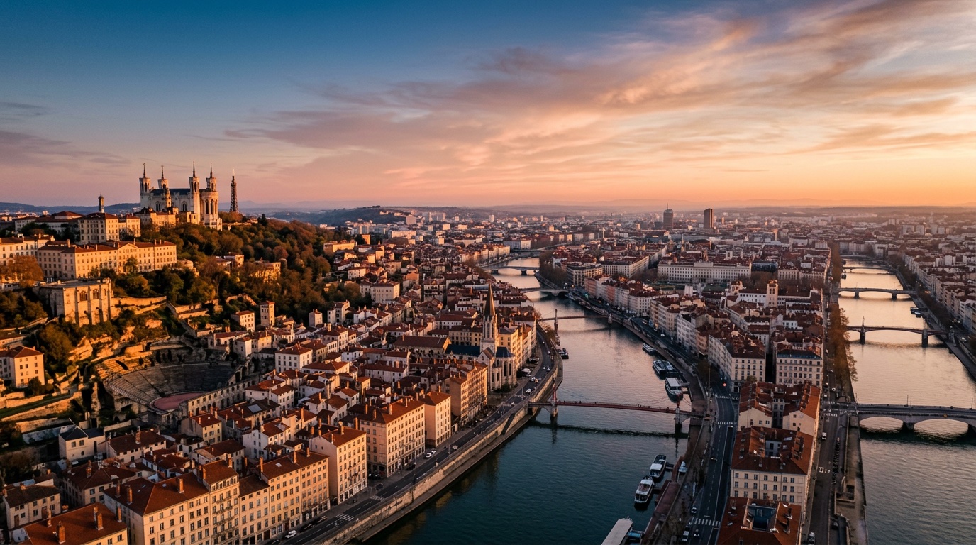 Aerial view of Lyon, the destination for FlyKube flights from Barcelona