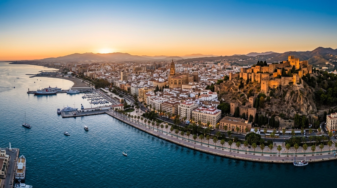 Aerial view of Malaga, the destination for FlyKube flights from Barcelona
