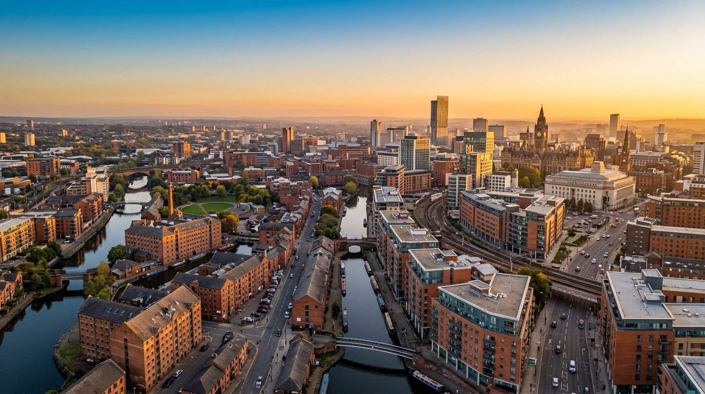 Aerial view of Manchester, the destination for FlyKube flights from Barcelona